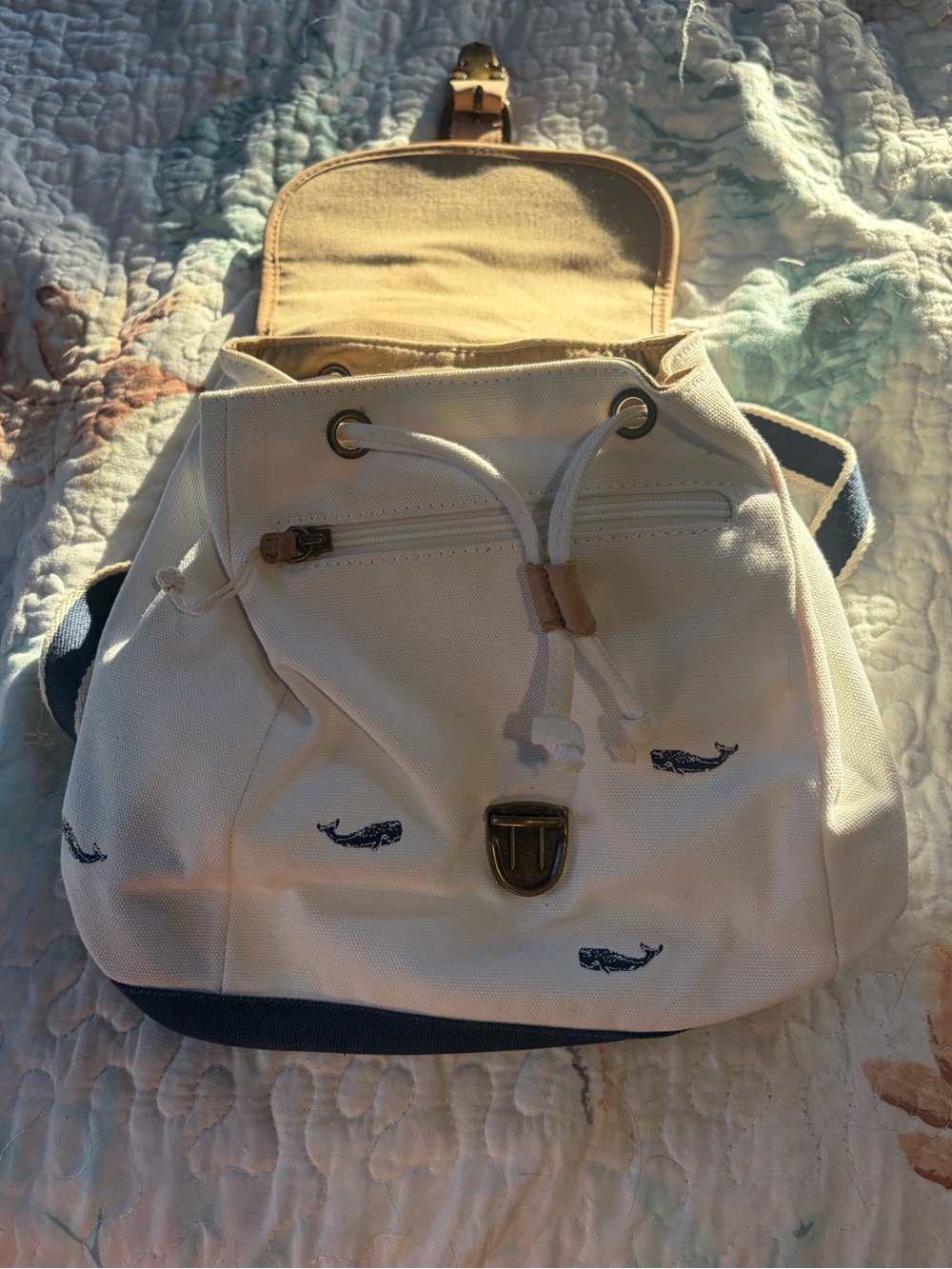 LL Bean Vintage Whale-Print Backpack with Leather Flap - Cream and Tan - Picture 4 of 10